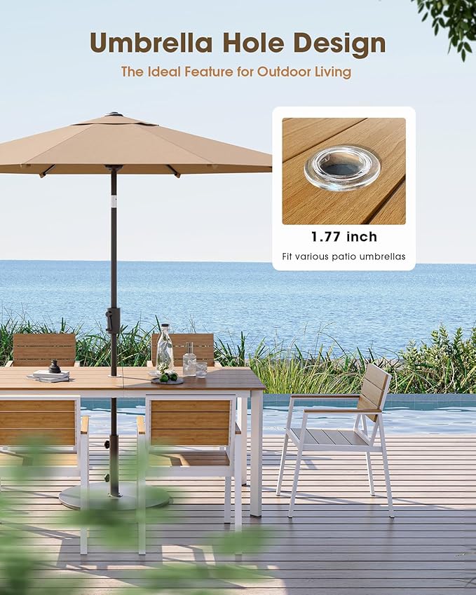 Outdoor Patio Dining Set for 6, Aluminum 7 Piece HDPE Patio Table and Chairs Set with Umbrella Hole, Modern Rectangular Patio Furniture Set with All-Weather Table & 6 Chairs (White & Teak)