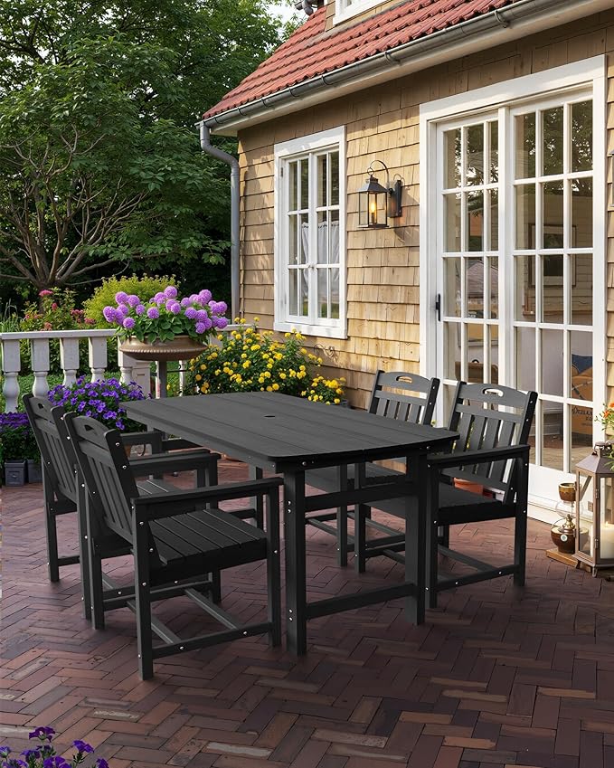 HDPE Outdoor Patio Dining Set with Table & 4 Chairs, All-Weather 5-Piece Outdoor Table and Chairs, 2" Umbrella Hole, Patio Furniture for Garden, Backyard, Deck | Matte Black
