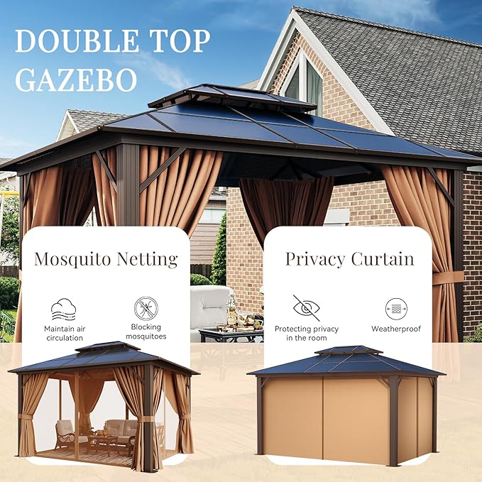 10'x12' Hardtop, Double Roof Gazebo, Aluminum Frame Permanent Pavilion with Netting and Curtains, Outdoor Polycarbonate Gazebo, for Patios, Gardens, Lawns