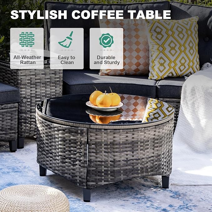 MEISSALIVVE 6 Piece Outdoor Patio Furniture Set, Half-Moon Curved Sectional Set with Wood Armrests, Patio Conversation Set, Tempered Glass Coffee & Side Tables (Grey)