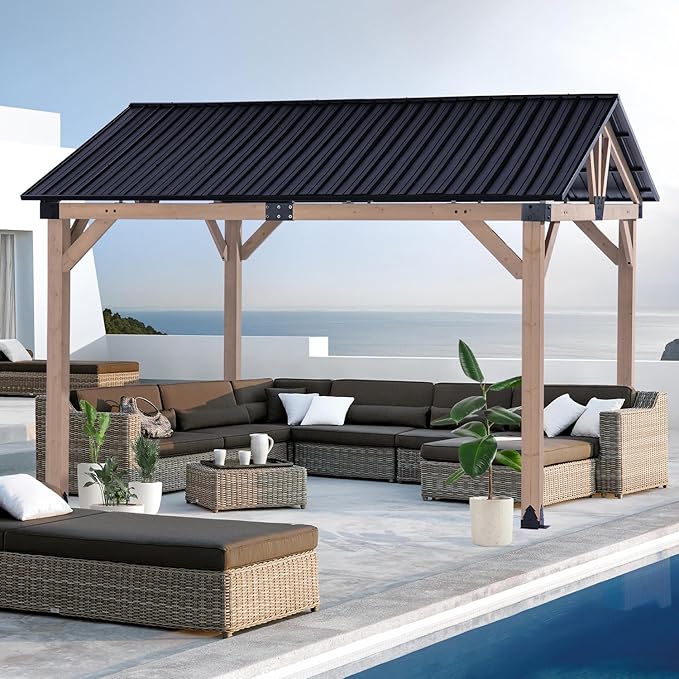 CHARMELEON Wood Gazebo 10x12 FT – Hardtop Metal Roof Patio Cedar Gazebo with Wood Frame for Outdoor– Gable Roof Pavilion para Patio, Backyard, Deck, Lawn and Garden