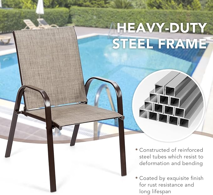 Tangkula 4 Piece Patio Dining Chairs, Outdoor Bistro Chairs W/Curved Armrests, Easy-to-Dry Fabric, Reinforced Steel Frame, Wide & Comfortable Camping Chairs for Garden, Poolside, Backyard (2, Grey)