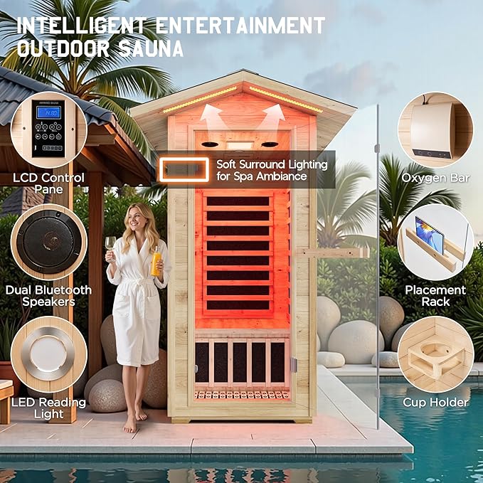 Albott Outdoor Sauna 1 Person, Infrared Saunas for Home, Low EMF 1245W/110V Spruce Wood Dry Sauna with Tourmaline Stone Foot Warmer, 7-Color Light Therapy & 2 Bluetooth Speakers, 33.5"x35.4"x78.7"