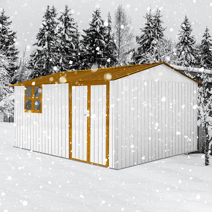 10x12 FT Outdoor Storage Shed,Metal Aluminum Waterproof Tool Sheds with Window,Heavy-Duty Sheds Unit w/Door and Vents,for Storing Bicycles,Lawnmowers,Barbeques,White+Yellow
