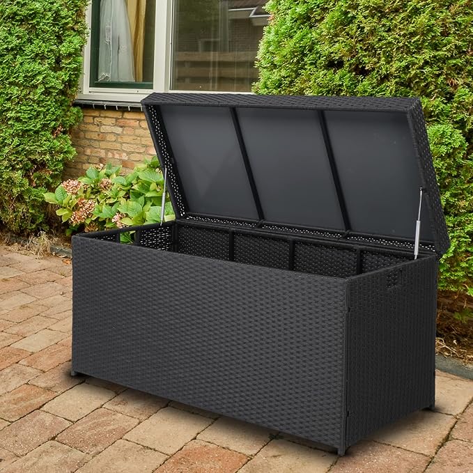 VINGLI Upgraded Version 132 Gallon Outdoor Storage Box, Patio Rattan Deck Box, Wicker Storage Bench for Indoor, Outdoor, Pool, Balcony, Yard, Garden, Black