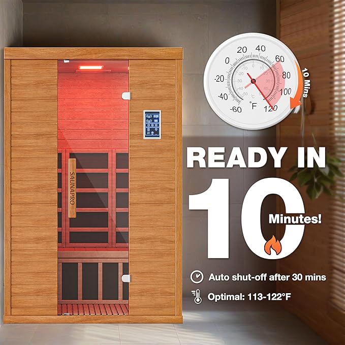 2- Person Infrared Sauna, Remotely Controllable Indoor Sauna, Low EMF 1500W/120V LCD Heater, WiFi & BT Control, 9-Color Light Therapy, Safe Flame-Retardant Material, Wood