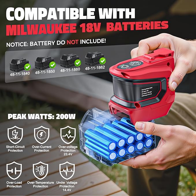 2PCS Real 200W Power Inverter for Milwaukee, LIVOWALNY DC 18V to AC 110-120V Battery Inverter, Battery Adapter Phone Charger Converter 2 USB & 1 Type-C & 1 AC for Camping Essentials (Tool Only)