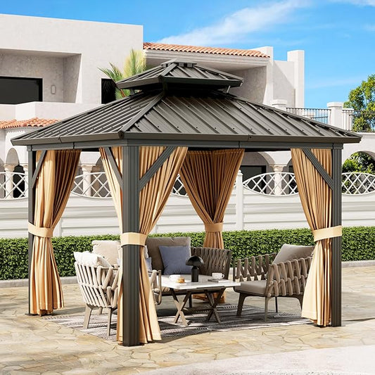 Outdoor Gazebos Canopy 10 x 10 ft Permanent with High Strength Aluminum Frame, Iron Double-Roof, Pavilion with Curtain and Netting for Patio, Lawn, Deck, Garden