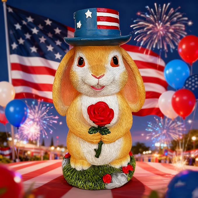 Funny Garden Handheld Rose Rabbit Statue - Resin Outdoor Decor for Yard, Patio,Lawn - Whimsical Bunny Sculpture Gift for Garden Lovers