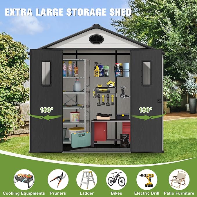 COOS BAY 8x8 Outdoor Resin Storage Shed with Floor, 2 Lockable Doors, All-Weather Durable Garden Shed for Tools & Equipment, White/Gray