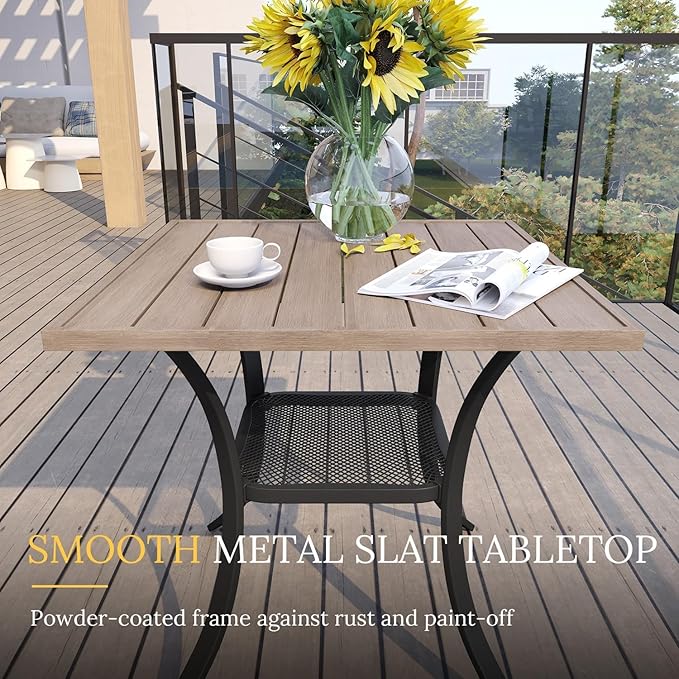 VICLLAX 3 Pieces Patio Dining Set Includes 28" Square Small Outdoor Table and 2 Patio Swivel Chairs for Lawn Garden, Grey Wood Grain Tabletop and Grey Fabric