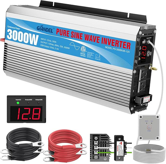 3000Watt Pure Sine Wave Inverter 3000W 12V DC to 110V 120V AC ETL Listed UL458 STD Lithium Battery Compatible with Terminal Block 40Amps and 30FT Wired Remote to Run A/C for RVs Campers,Off Grid Solar