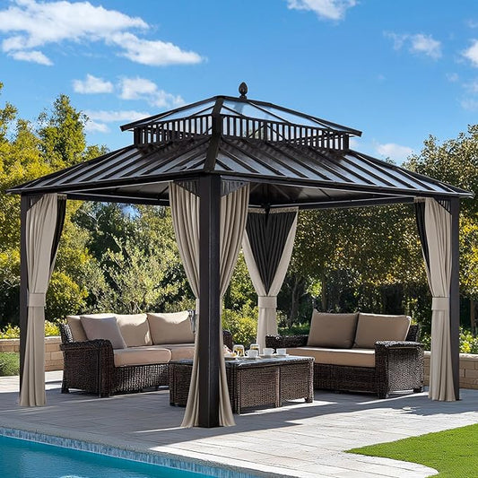 SUNJOY Kingston 12' x 10' Hardtop Gazebo with Galvanized Steel/Polycarbonate Double Roof, Curtain and Netting, Brown Aluminum Posts Permanent Pavilion Gazebo for Garden, Patio, Deck, Lawn