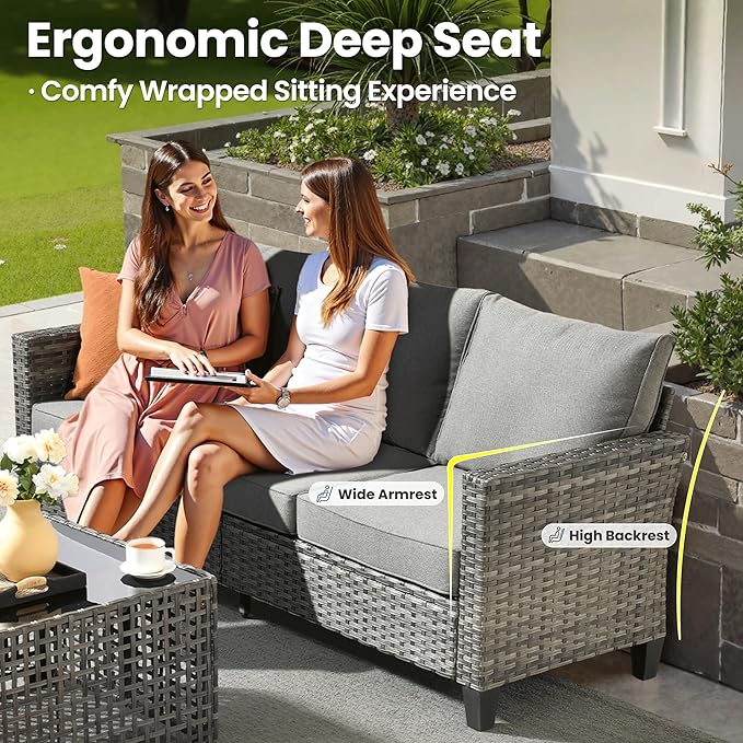 ovios 9 Pieces Patio Furniture Set with 54" Fire Pit Table, Outdoor Sofa Couch with Solar Lights Table Comfy Cushions, Modern Deep Seat Wicker Rattan Conversation Set, Dark Grey