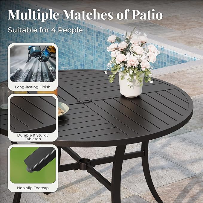 Patio Table and Chairs Set for 4, 5 Pieces Outdoor Dining Set, 4 Brown Textilene Chairs and 42" Metal Round Table with Umbrella Hole, for Deck Garden Backyard Lawn Poolside