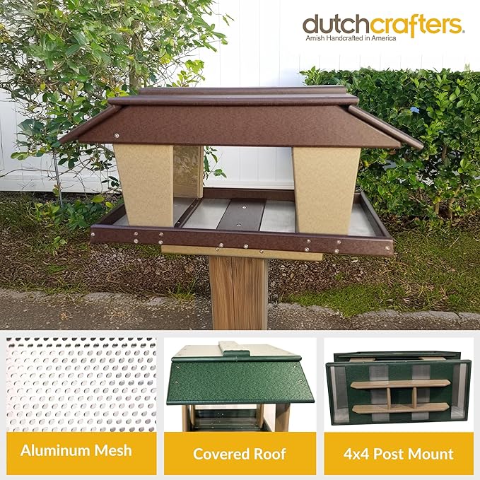 DutchCrafters Poly Post Mount Extra Large Double Hopper Bird Feeder, Outdoor Wild Bird Feeder for Outside, USA Amish Made (Turf Green & Weatherwood)