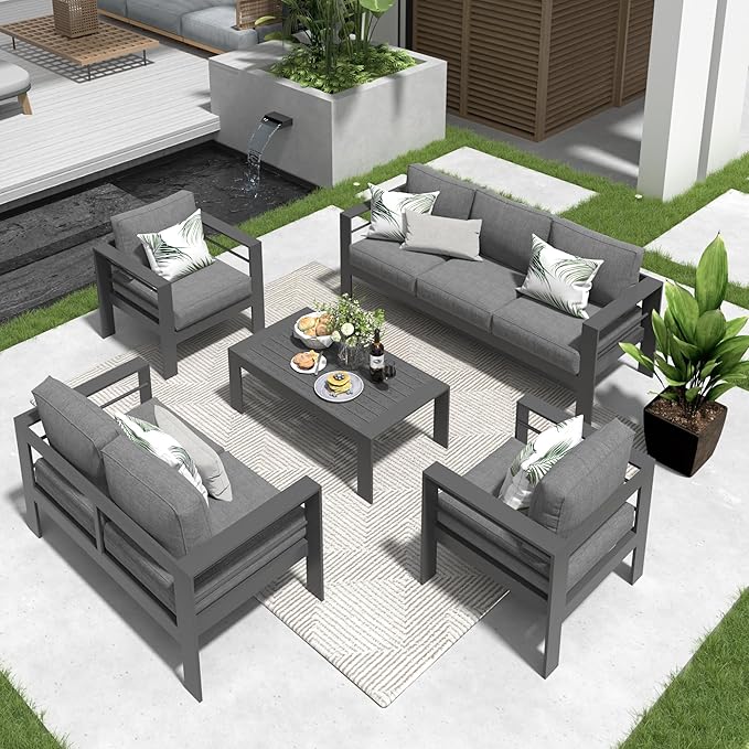 Solaste Aluminum Patio Furniture Set for All Weather, Oversized Metal Outdoor Furniture Set with 27.5" Deep Seating and 3.2" Wide Armrest, Outdoor Patio Conversation Set with 5" Cushion, Grey