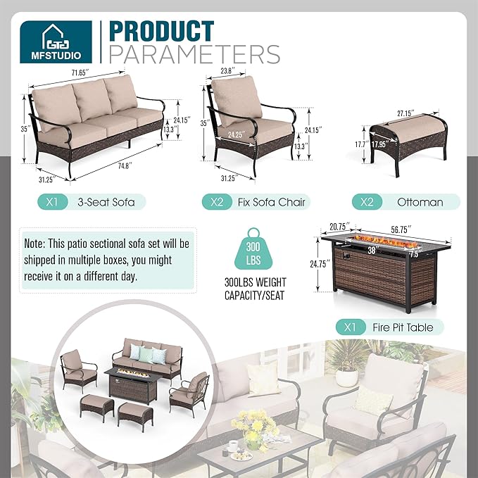 MFSTUDIO Outdoor Patio Furniture Set with 56" Fire Pit Table, 6 PCS Metal Patio Conversation Sets for 7, Patio Sectional Set with 3-Seat Sofa, 2 Ottoman, 2 Fixed Sofa Chairs, 1 Fire Pit Table