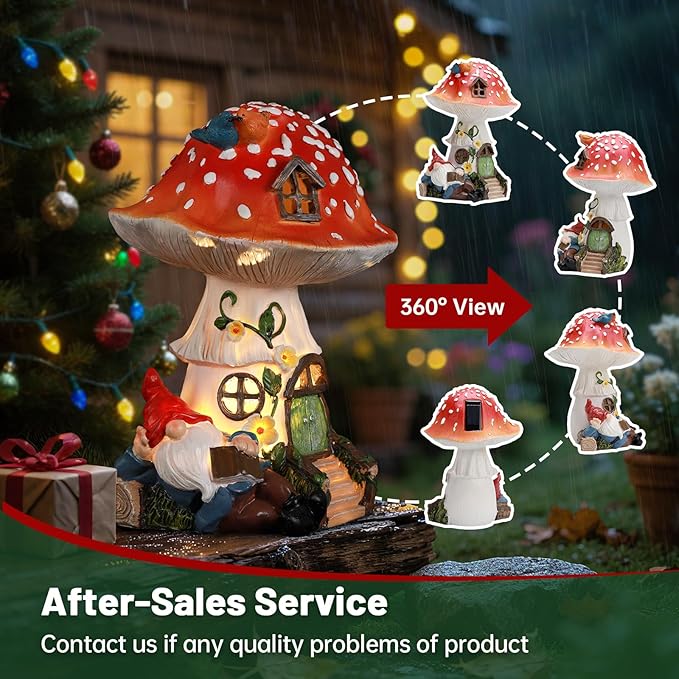 Solar Mushroom Gnome Reading Light, Weatherproof Resin Fairy Garden Figurine Decor Auto On/Off - Book Lover Gift for Pathway & Patio