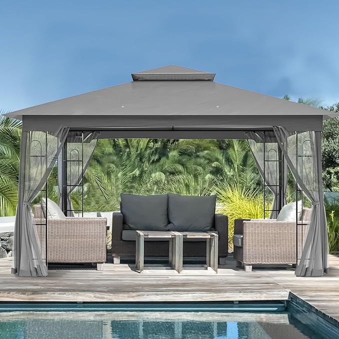 EAGLE PEAK Patio Gazebo with Mesh Netting 13x11 at Top 12x10 Footprint, Soft Top Outdoor Pavilion for Backyard, Deck, Lawn and Garden, Gray