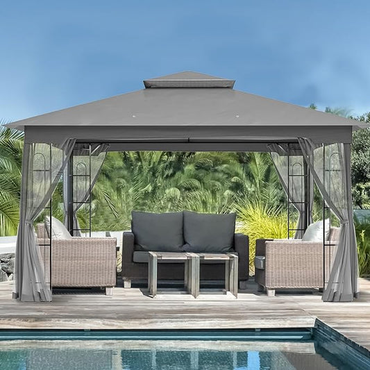 EAGLE PEAK Patio Gazebo with Mesh Netting 13x11 at Top 12x10 Footprint, Soft Top Outdoor Pavilion for Backyard, Deck, Lawn and Garden, Gray