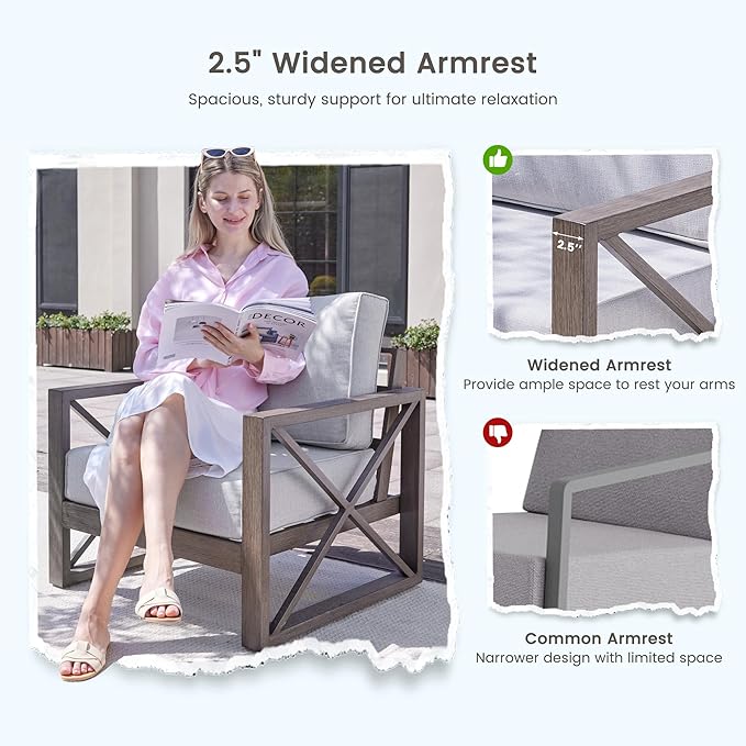 UDPATIO 5 Piece Faux Wood Aluminum Patio Furniture Set 6 Seats Modern Outdoor Furniture Patio Conversation Sets with Coffee Table for Balcony, Backyard, 600D Waterproof Cover Included, Light Grey