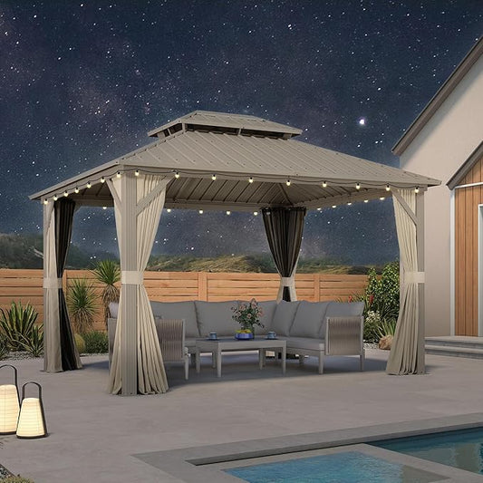 PURPLE LEAF 10' x 12' Outdoor Hardtop Gazebo, Champagne Aluminum Frame with Galvanized Steel Double Roof, Curtains and Netting for Patio Lawn and Garden