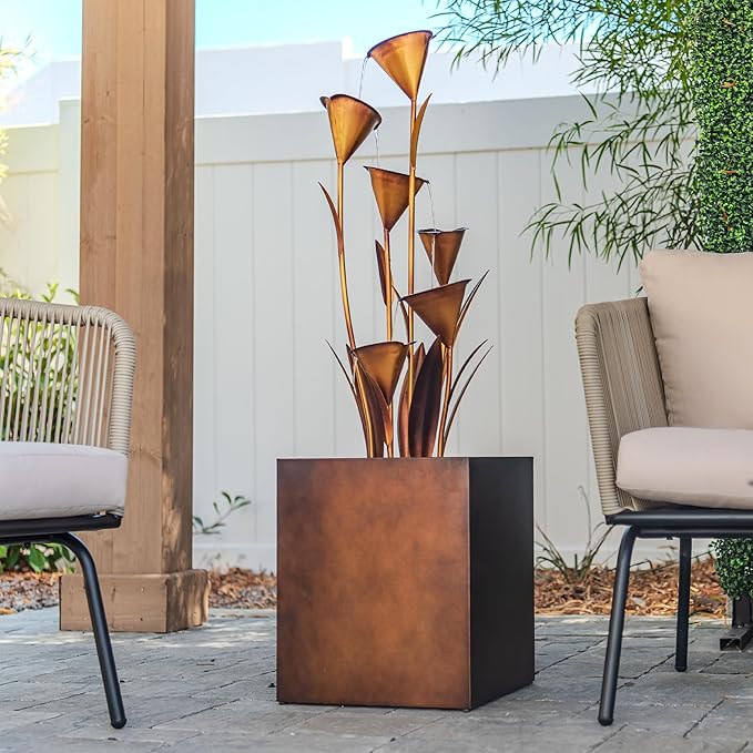 XBrand Metal Sculptural Multi-Tiered Flower Water Fountain, No LED Lights, Bronze, 46" Tall