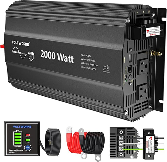2000 Watt Pure Sine Wave Inverter 12V DC to 110V 120V AC 2000W Power Inverter with UL Fuses and 20A AC Hardwire Terminal Compatible with Lithium Battery for Home RV Truck Off-Grid Solar by VOLTWORKS