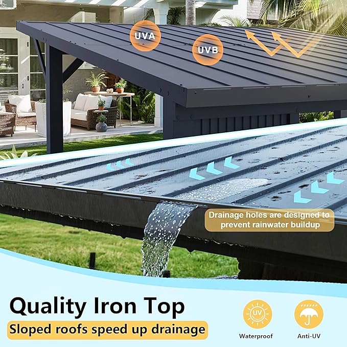 Gotland 10 FT x 10 FT Hardtop Grill Gazebo, BBQ Gazebo with 2 Extended Countertop 2 Side Shelves Drainage Holes Sloping Roof, Metal BBQ Canopy in 2 Combination Styles, for Patio Backyard Black