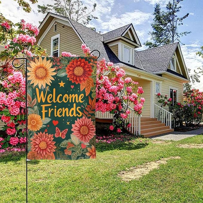 Welcome Friend Garden Flag Vertical Double Sided Outdoor Yard Flags 12.5x18 Inch Burlap Banners for House Lawn