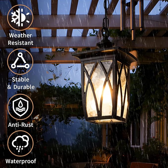 15'' Outdoor Pendant Light Fixture, Exterior Hanging Lantern, Modern Black Metal Outside Chandelier Light Fixture Ceiling Mount with Water Ripple Glass & Adjustable Chain for Porch, Gazebo, Front Door