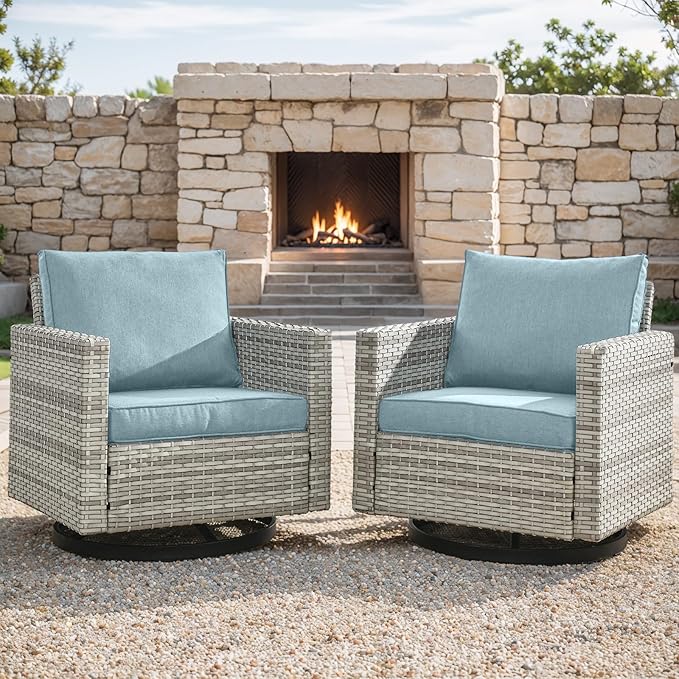 Outdoor Patio Swivel Rocker Chairs - Wicker Patio Swivel Rocking Chairs Set of 2 with Waterproof Wicker,Comfortable Cushions and Sturdy Metal Frame for Outside Porch Deck Backyard(Light Grey/Sky Blue)