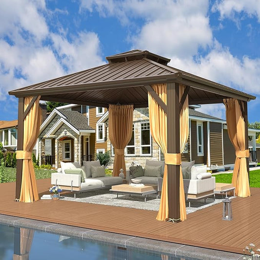 EROMMY 12'x12' Gazebo Hardtop, Galvanized Steel Double Roof Metal Gazebo with Aluminum Frame, Permanent Outdoor Pavilion with Curtain and Netting for Patio, Lawn and Garden, Brown