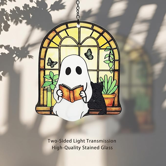 Ghost Black Cat Suncatcher, Ghost Reading Book Halloween Decor