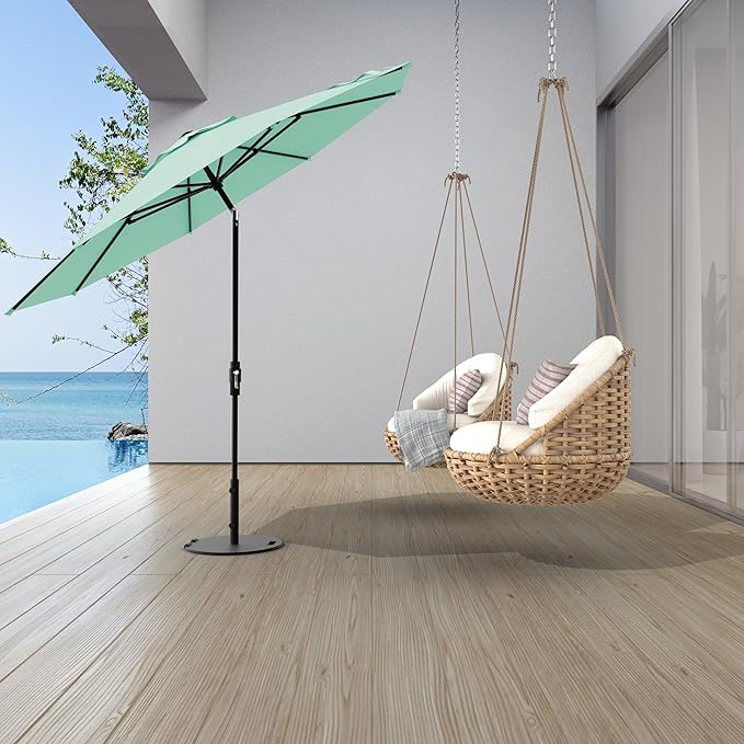 Midtown Umbrellas The Swilt 9 Feet Patio Umbrella in Sunbrella Canvas Glacier Acrylic Fabric - Fiberglass Ribs, Auto-Tilt Aluminum Frame For Backyard, Deck, Garden, Pool - White Pole