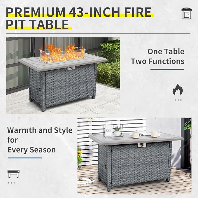 5 Piece Wicker Patio Furniture Sets Outdoor Conversation Set, PE Rattan Sectional Sofa Couch with 45" Fire Pit Table and Non-Slip Navy Blue Cushions, Furniture Covers Included