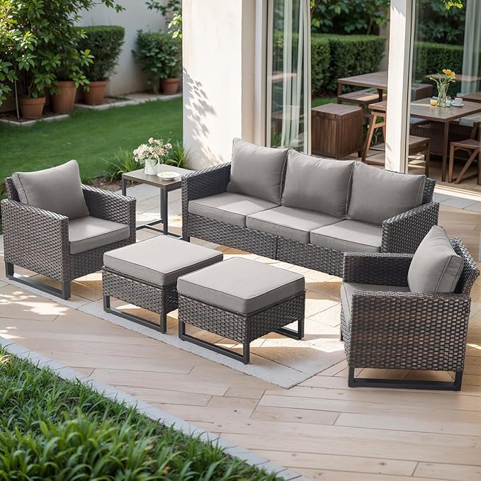 Rilyson Wicker Outdoor Patio Furniture Set - 6 Piece Patio Conversation Set with 2 Armrest Chairs,2 Rattan Ottoman,1 Couch and 1 Metal Side Table for Outside Porch Deck Backyard(Brown/Grey)
