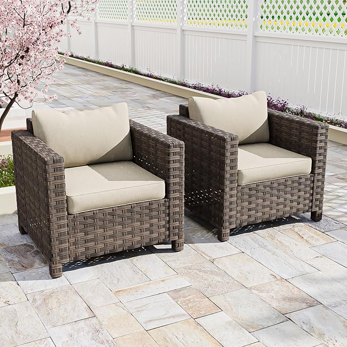 EAGLE PEAK Harbor Haven 2 Piece Wicker Patio Chair, Deep Seating Armchair, Weather Resistant Outdoor Furniture for Patio, Deck, Garden, Brown/Beige