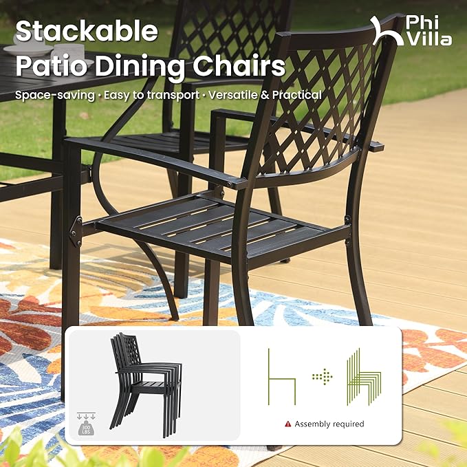 PHI VILLA Metal Outdoor Patio Dining Chairs and 37"x37" Wood-Like Square Table Furniture Set of 5