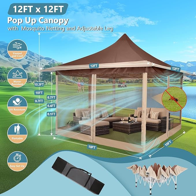 COBIZI 12x12 Pop Up Gazebo On Clearance Canopy Tent Easy Up Outdoor Gazebo Waterproof Upgrade with Mosquito Nettings and Carry Bag for Patio Garden Lawn