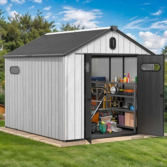 DWVO 8x10 FT Outdoor Storage Shed, 544 cuft Large Plastic Storage Shed with Floor & Lockable Door, Outside Tool Garden Shed with Windows & Vents for Patio Furniture, Lawn Mower, Bike, Black&Gray