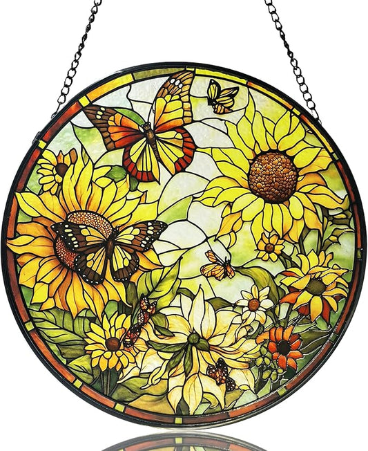 Sunflower Hanging Stained Glass for Windows,Hand-Painted Sun Catcher Garden Hangings，7.9 inch