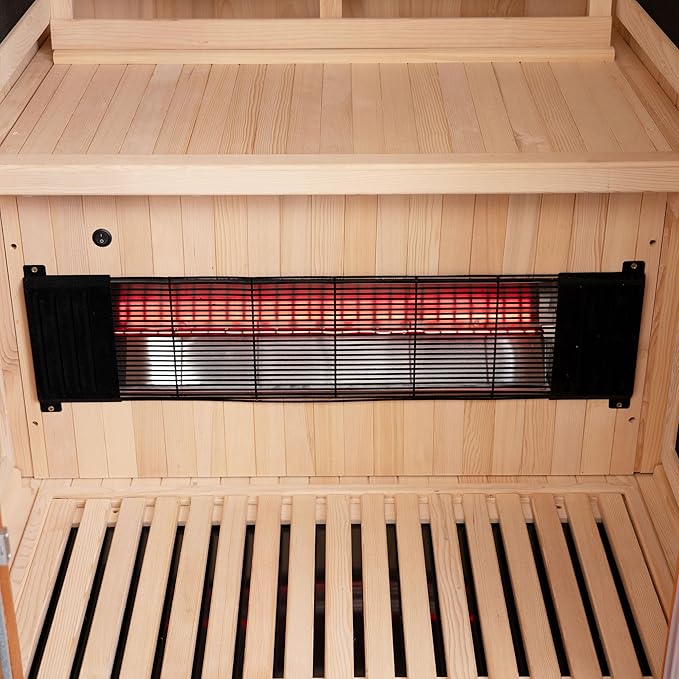Woodbridge Infrared Home Sauna Room 1 Person Hemlock Wooden Indoor Sauna with 7 Carbon Heaters, Red Light Therapy, Bluetooth Speaker, Intelligent Control Panel, Tempered Glass & Top Vent