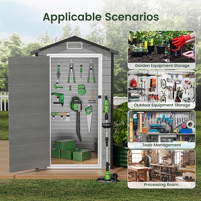 GVDV 4×6FT Outdoor Resin Plastic Storage Shed with Reinforced Floor, All-Weather Plastic Shed with Lockable Door, Window, Waterproof Tool Storage for Garden, Backyard, Patio