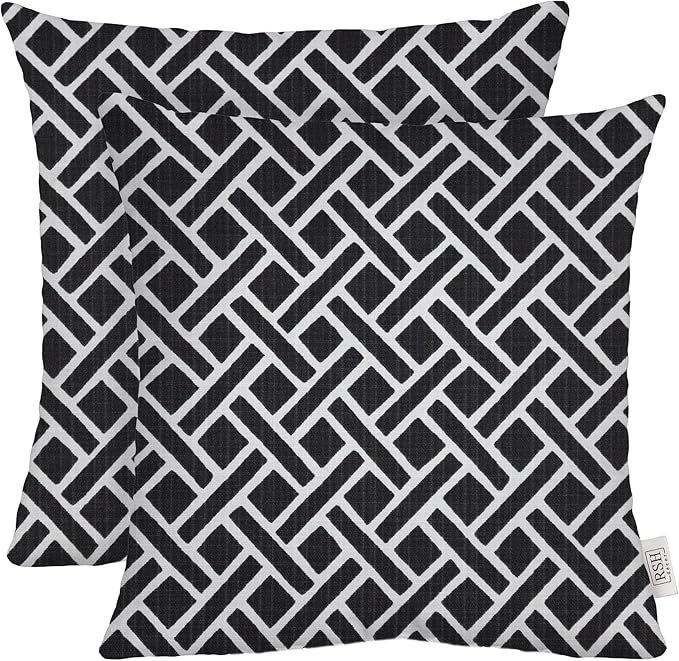 RSH Décor: Set of 2 Square Throw Pillows | Indoor/Outdoor All Weather Polyester Fabric | Decorative Accent Pillows for Patio Furniture | Reversible | 20" x 20" | Matte Black Geometric