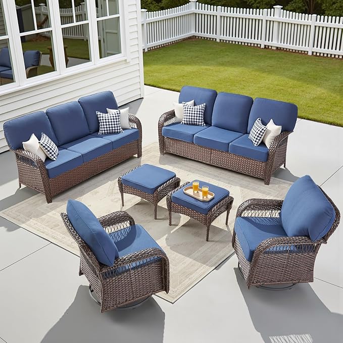 6 Pieces Patio Furniture Set Outdoor Sectional Sofa Couch with Rocking Swivel Chairs 5" Deep Seat Chairs, 2 Sofa Sets Modern Wicker Rattan Conversation Set, Blue/Brown Wicker