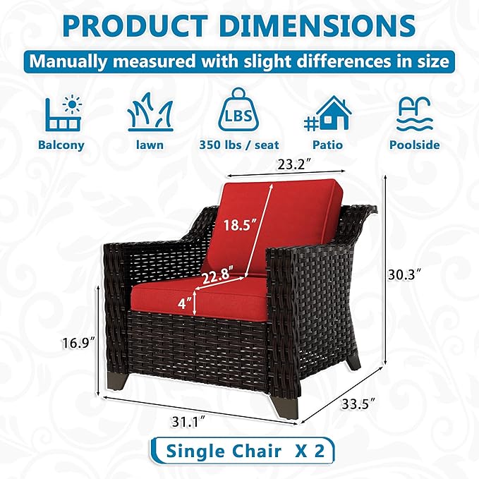 Vista Vibe 2 Pieces Outdoor Armchairs, Patio Conversation Furniture Set, Washable Cushions, Luxurious Hand-Woven PE Rattan, Garden, Bistro, Deck, Backyard (Brown/Red)