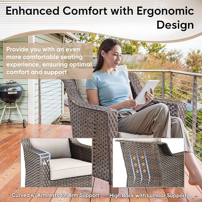 3 Pieces Patio Furniture Set-Wicker Patio Chairs Set of 2 with Tempered Glass End Table Outdoor Patio Chairs for Deck Balcony Poolside Backyard-Brown/Beige