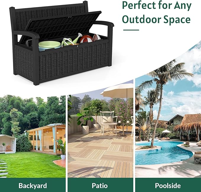70 Gallon Outdoor Storage Bench, Deck Box Bench with Armrest, Lockable Outside Benches with Storage, Deck Boxes Waterproof for Pool Patio Garden (Black)